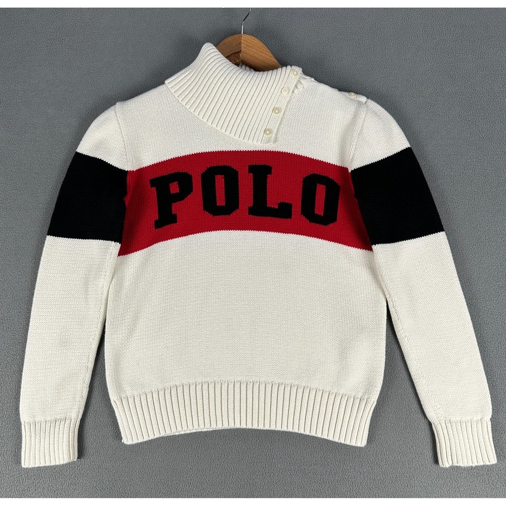 Polo Ralph Lauren Sweater Girls Large White Beige Turtleneck Heavyweight Knit